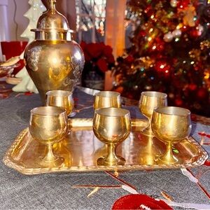 Vintage Solid Brass Barware Set 6 Cordial Shot Glass with tray